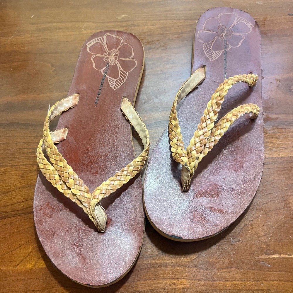 O'Rageous Womens Braided Thong Flip Flop Sandals Brown Tan Tropical Floral